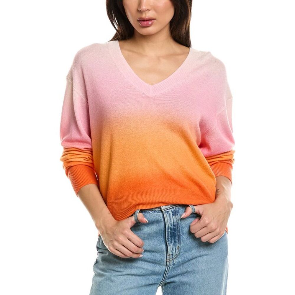 Brodie Cashmere Womens  Bali Print V-Neck 100% Cashmere Sweater Neck, Pink